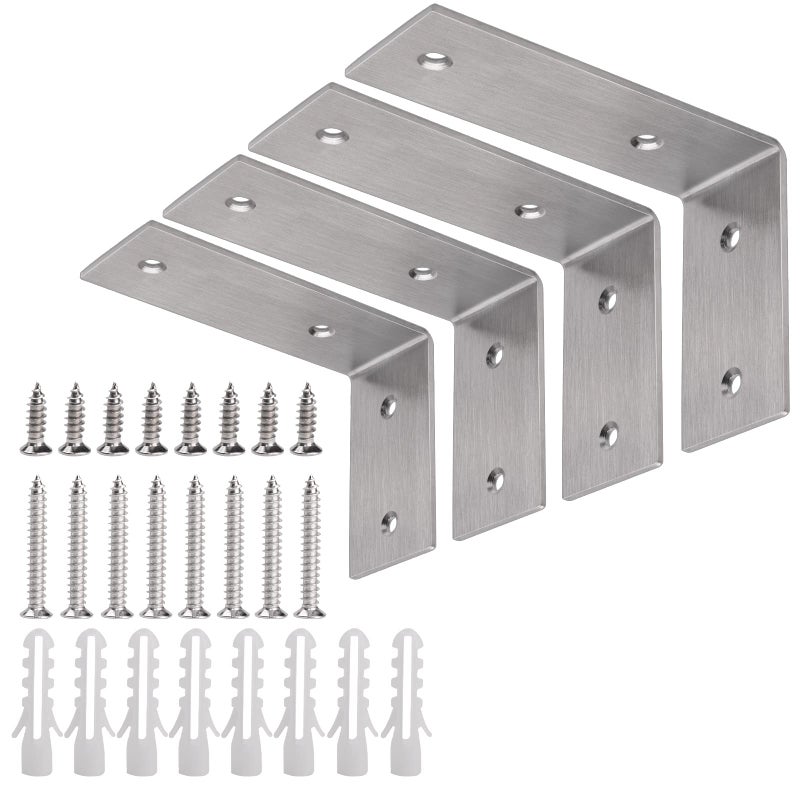 YUMORE L Brackets Heavy Duty  5x3x1.8 Inch Stainless Steel Shelf Brackets Wall Mounted for Floating Shelves Industrial Farmhouse  Includes Hardware  Pack of 4 - Image 1